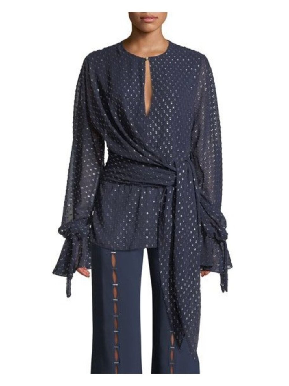 JONATHAN SIMKHAI Navy Polka Dot Wrap Blouse sz XS